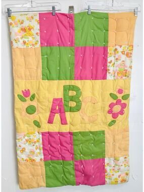 Vintage Baby Quilt 60s 70s ABC Humpty Dumpty Nursery Rhymes Jack Candlestick Co